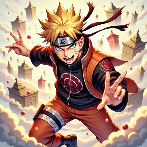 Prompt: (T-shirt with Naruto illustration), vibrant colors, dynamic and energetic mood, high depth cinematic masterpiece, semi-realistic anime style, Naruto in action pose, bold outlines, detailed facial features, spirited expression, classic Konoha ninja outfit, Naruto logo, stylish and appealing design, clean background with subtle Konoha village elements, 4K, ultra-detailed, HD quality