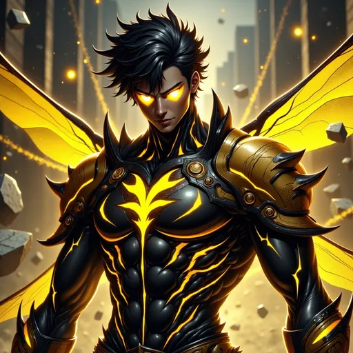 Prompt: A deadly and insectoid male warrior in highly detailed anime style, designed with a wasp-inspired aesthetic. From the bust up, he appears sleek, sharp, and intensely focused. His armor is a segmented exoskeleton in **glossy black and dark yellow**, with **chitin-like plates** layered tightly across his shoulders, neck, and upper chest, mimicking the abdomen and thorax of a killer wasp.

His **eyes glow gold**, narrow and predatory, with thin, pointed pupils like an insect’s. His **hair is short, black, and jagged**, styled upward like antennae or wing crests. Two subtle, **blade-like wing casings** rise behind his back, folded tightly but pulsing with faint energy. The exposed areas of his arms and neck show **vein-like lines of yellow-black toxin energy**, visibly circulating through his body.

Around him, faint **vibrations ripple through the air**, distorting light as if his body hums with violent potential. His aura pulses in a **dirty yellow strobe**, with sharp flickers each time he tenses or moves. On his shoulder pauldron, a **stylized wasp emblem** is engraved, and a faint buzzing surrounds him constantly.

The background reveals the edge of a ruined battlefield in the heart of a dark hive-city: cracked stone, glowing venom splashes, and the remnants of organic structures melted by his Nécrosouffle. The image style is sharp and highly detailed anime realism, focusing on speed, menace, and anatomical precision—capturing the lethal elegance of a human weapon forged in the image of nature’s most relentless predator.
