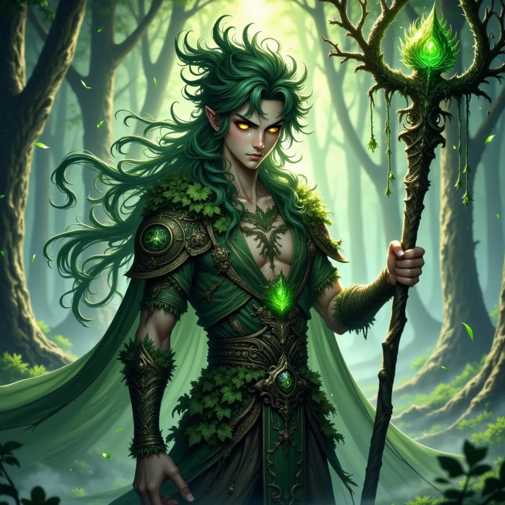 Prompt: A wise and imposing young man in a highly detailed anime style, with long, wild moss-green hair intertwined with small leaves and piercing golden eyes that seem to glow with ancient life. His body is clad in living armor made of bark, vines, and natural fibers, seamlessly blending into the surrounding wilderness. In his hand, he wields a grand, gnarled staff grown from an ancient sacred tree, its surface alive with faintly glowing runes and sprouting delicate tendrils. His presence exudes the silent, immovable strength of an ancient forest. The background reveals a deep, misty forest bathed in soft twilight, with towering, ancient trees and drifting luminous spores floating through the air. The image style is highly detailed realistic anime, focusing on natural textures, soft mystical lighting, and a grand, timeless fantasy atmosphere connected deeply to nature.

