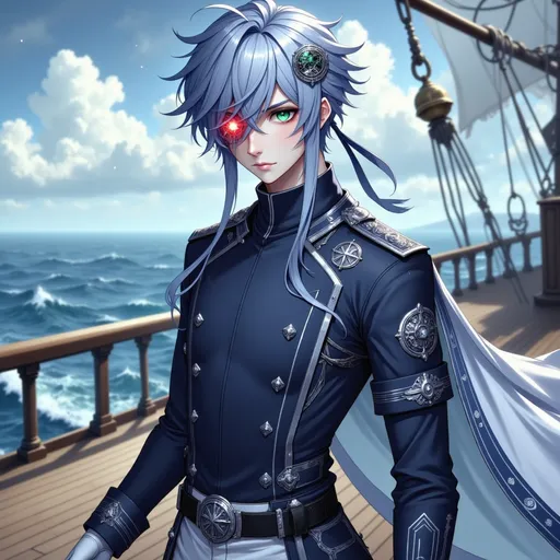 Prompt: anime style, male marine soldier, upper body portrait, wearing a deep navy blue military uniform with a high collar and white embroidery on the seams and sleeves, tailored fit with a visible scale-shaped insignia on the left chest, slick silver-blue hair shaved on one side and swept dramatically to the other, glowing red cybernetic implant visible over the right temple and partially down the cheek, pale skin with faint circuit-like markings running along the neck, right eye replaced by a mechanical lens emitting a soft light, left eye jade green with a calculating gaze, reinforced shoulders and white gloves, dark blue armband on the right arm embroidered with a tilted balance symbol, white pants barely visible under a wide black belt with steel buckle, light ceremonial white cape with pale blue lining draped from the back, no medals or excessive decorations, background of a wooden ship deck under overcast sky with faint ocean waves in the distance, realistic detailing, dynamic anime shading
