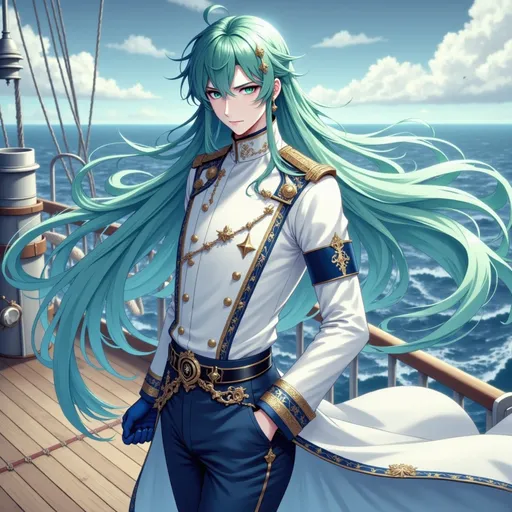 Prompt: anime style, male marine soldier, upper body portrait, wearing a deep white military uniform with a high collar and blue embroidery on the seams and sleeves, tailored fit with a visible scale-shaped insignia on the left chest, very long cyan hair flowing down the back and over one shoulder, green eyes with a calm and disciplined gaze, reinforced shoulders and blue gloves, dark white armband on the right arm embroidered with a tilted balance symbol, blue pants barely visible under a wide black belt with steel buckle, light ceremonial dark blue cape with pale white lining draped from the back, no medals or excessive decorations, background of a wooden ship deck under overcast sky with faint ocean waves in the distance, realistic detailing, dynamic anime shading

