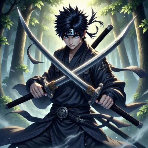 Prompt: A fierce and determined young man in a highly detailed anime style, with short spiky black hair and sharp dark eyes filled with resolve. He wears a traditional ninja outfit composed of dark blue and black tones, fitted for agility, and around his forehead he proudly displays the iconic metal headband of Konoha, engraved with the village's symbol. Strapped across his back are two slender but deadly katana, their hilts wrapped in dark cloth, ready for swift dual-wielding combat. His stance is low and tense, exuding precision and deadly skill, as if poised to strike at any moment. The background features a misty forest clearing at dawn, where the first rays of sunlight pierce through the dense trees and the ground is still damp with dew. The image style is highly detailed realistic anime, with sharp lighting contrasts, intricate weapon detailing, and a dynamic, intense fantasy atmosphere.