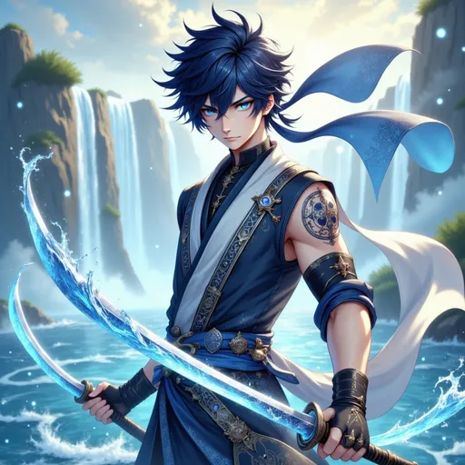 Prompt: A fierce and determined young man in a highly detailed anime style, with short, windswept dark blue hair and sharp, deep blue eyes reflecting the calm strength of water. He wears a rugged but sleek combat outfit blending navy, silver, and white tones, tailored for agility and resilience. Tied around his forehead is a proud headband emblazoned with the ancient symbol of water, its fabric fluttering lightly in the breeze. In each hand, he wields a slender, slightly curved sword, both blades engraved with flowing wave patterns that shimmer faintly with moisture. His stance is fluid and dynamic, ready to strike with precision and grace. The background features a misty riverbank at dawn, with cascading waterfalls in the distance and soft blue mist rising from the water. The image style is highly detailed realistic anime, emphasizing flowing movements, glistening blade textures, and a serene yet intense fantasy atmosphere.