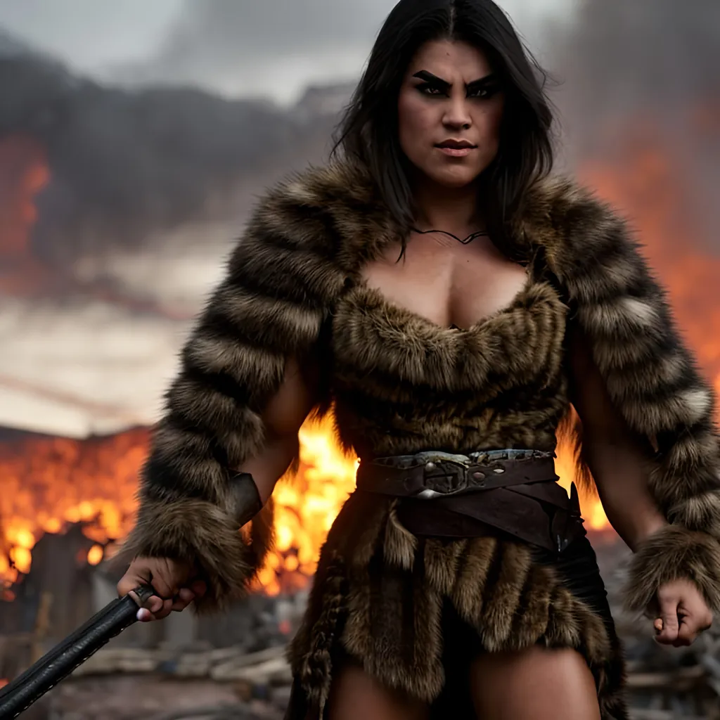 Prompt: Muscular half-orc woman barbarian wearing a fur armor standing in the middle of burning village, add details, insane details, cinematic lighting, tragic epic scene, dark image, hyperrealistic, photorealism, 32 k resolution