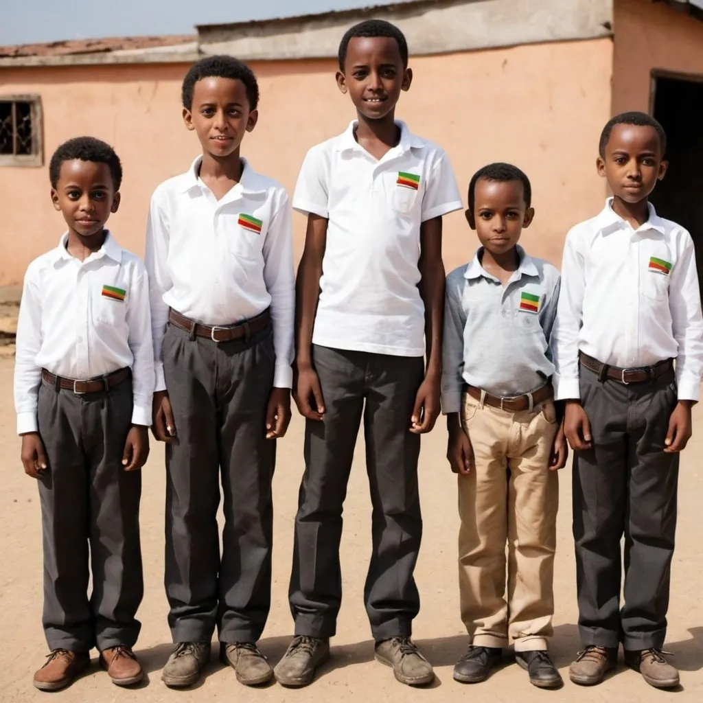 Prompt: 5 black boys from ethiopa tall and short 
