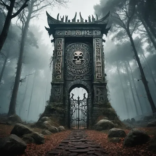 Prompt: a scary tower in a forest with a ancient looking runes with a big ancient gate with skeletons around it 