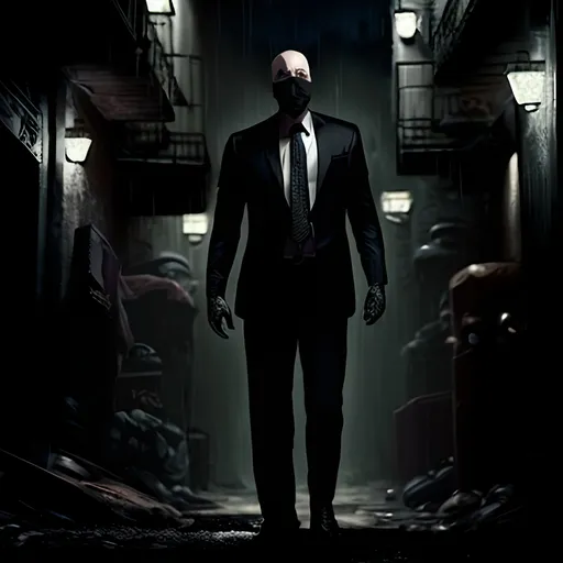 Prompt: Mysterious mafia man in suit with covered face, oil painting, dark alleyway setting, intense and gritty, noir, high contrast, dramatic lighting, sharp suit details, atmospheric, professional, oil painting, noir, intense lighting, dark tones, mysterious, gritty, dramatic atmosphere