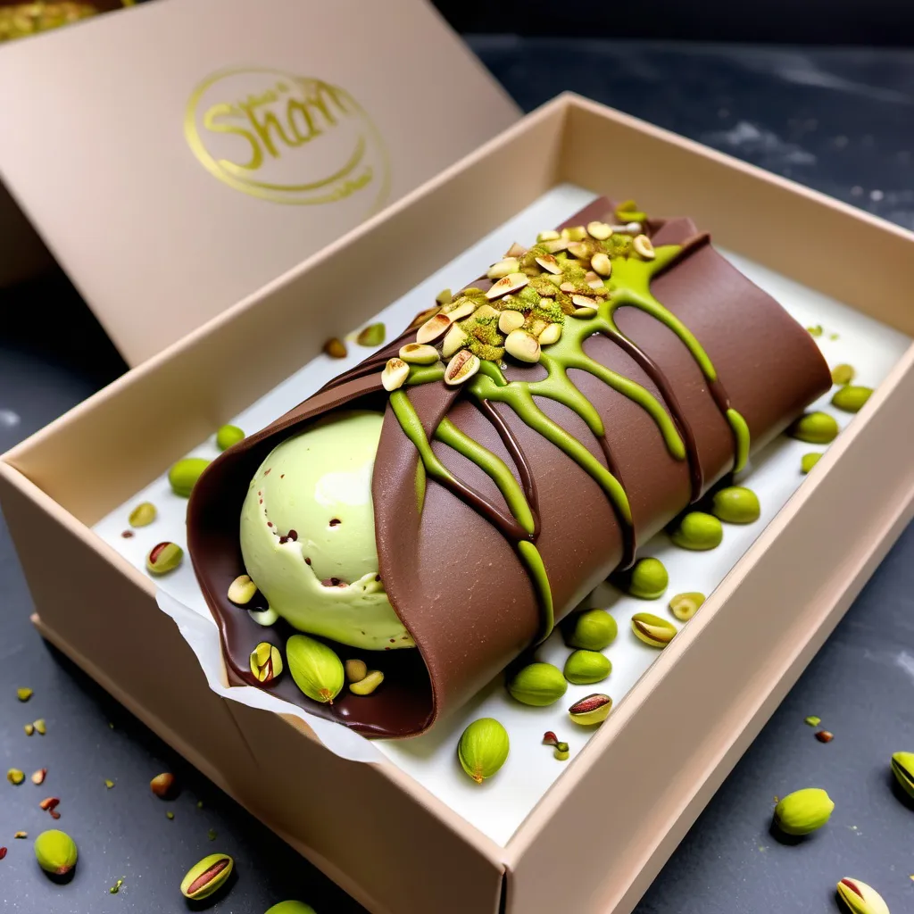 Prompt: a chocolate crepe role with white icing lines and pistachios on top  anf filled with pistachio ice cream of it in a nice design box