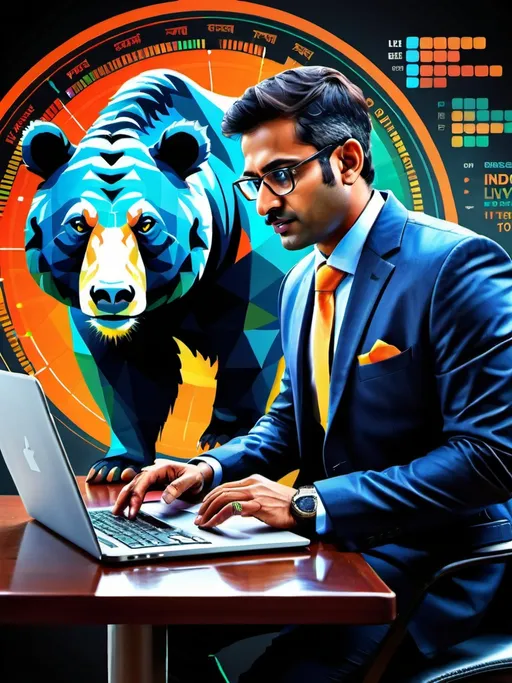 Prompt: Detailed, sleek digital illustration of a professional Indian business person with a laptop, modern stock market interface on the screen, traditional Indian patterns, vibrant color palette, high quality, modern, energetic, detailed laptop, stylish attire, dynamic composition, Indian stock market, tech-savvy, vibrant colors, modern interface, sleek design, bull ,  bear , bullish market, beares market , Text Logo, operator and Retailer, Live Stream, logo concept, Trading Hub, business professional,logo  name AstralEdge Ventures,