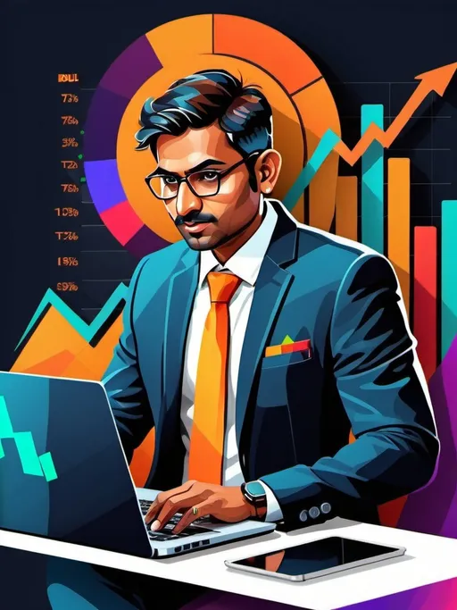 Prompt: Detailed, sleek digital illustration of a professional Indian business person with a laptop, modern stock market interface on the screen, traditional Indian patterns, vibrant color palette, high quality, modern, energetic, detailed laptop, stylish attire, dynamic composition, Indian stock market, tech-savvy, vibrant colors, modern interface, sleek design, bull ,  bear , bullish market, beares market , Text Logo, Nifty50, BankNifty, charts, Candlestick Pattern , operator and Retailer, Live Stream, logo concept, Trading Hub, business professional,logo  name AstralEdge Ventures,