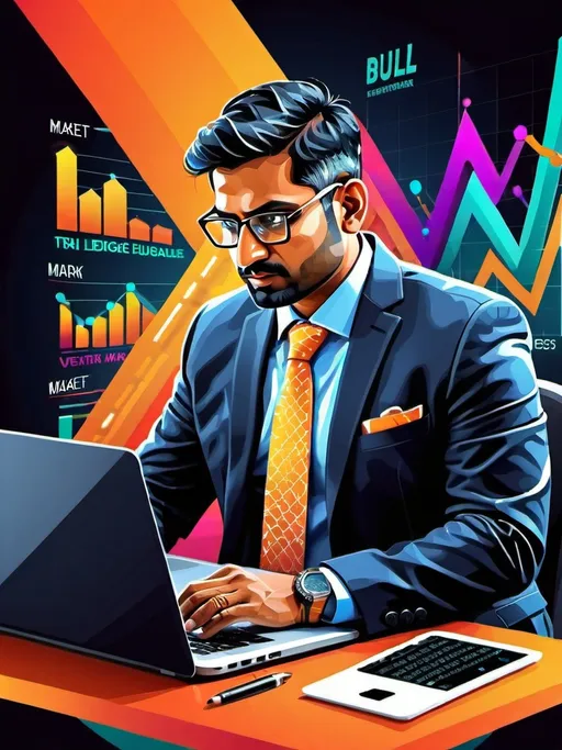 Prompt: Detailed, sleek digital illustration of a professional Indian business person with a laptop, modern stock market interface on the screen, traditional Indian patterns, vibrant color palette, high quality, modern, energetic, detailed laptop, stylish attire, dynamic composition, Indian stock market, tech-savvy, vibrant colors, modern interface, sleek design, bull ,  bear , bullish market, beares market , Text Logo, operator and Retailer, Live Stream, logo concept, Trading Hub, business professional,logo  name AstralEdge Ventures,