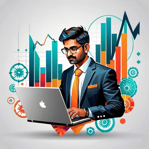 Prompt: Detailed, sleek digital illustration of a professional Indian business person with a laptop, modern stock market interface on the screen, traditional Indian patterns, vibrant color palette, high quality, modern, energetic, detailed laptop, stylish attire, dynamic composition, Indian stock market, tech-savvy, vibrant colors, modern interface, sleek design, bull ,  bear , bullish market, beares market , logo concept, Trading Hub, business professional,logo  name AstralEdge Ventures,