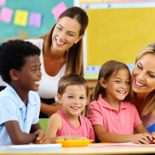 Prompt: Teacher teaching with happy students