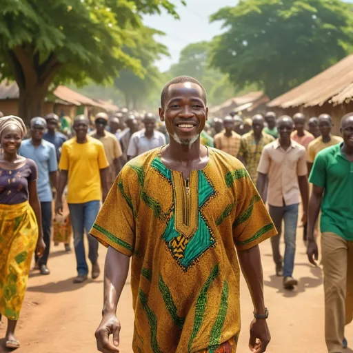 Prompt: A man walking and (talking to Nigerians), conveying hope, optimistic atmosphere, natural landscape, lively crowd, bright and radiant colors, golden sunlight, facial expressions showing encouragement and determination, vibrant African attire and patterns, inclusive community setting, lush greenery in the background, cheerful environment, (high-resolution) 4K, ultra-detailed surroundings, high-quality imagery.