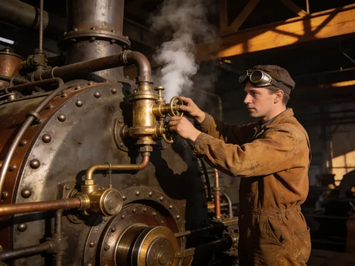 Prompt: A steam engineer adjusting valves on a giant steam engine.