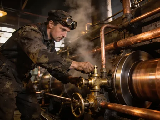 Prompt: A steam engineer adjusting valves on a giant steam engine.
