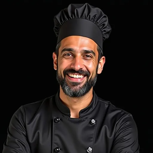 Prompt: a man with a chef hat on his head and a smile on his face, with a black background, Chafik Charobim, hurufiyya, ilm, a colorized photo