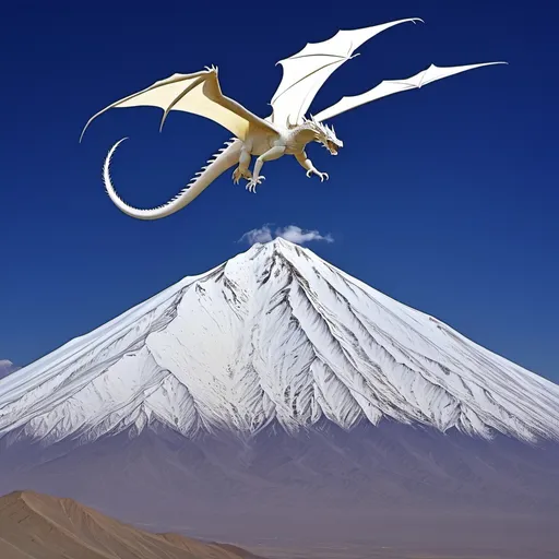 Prompt: (accurately spelled text "سلام یه عکس از قله دماوند با یه اژدها سفید تو آسمون بکش"), majestic (Mount Damavand), soaring white (dragon), clear blue (sky), powerful and serene atmosphere, dramatic contrasts of snow-capped peaks, soft clouds gently floating, high detail, vibrant colors, captivating fantasy scene, enchanting, ultra-detailed, epic landscape.