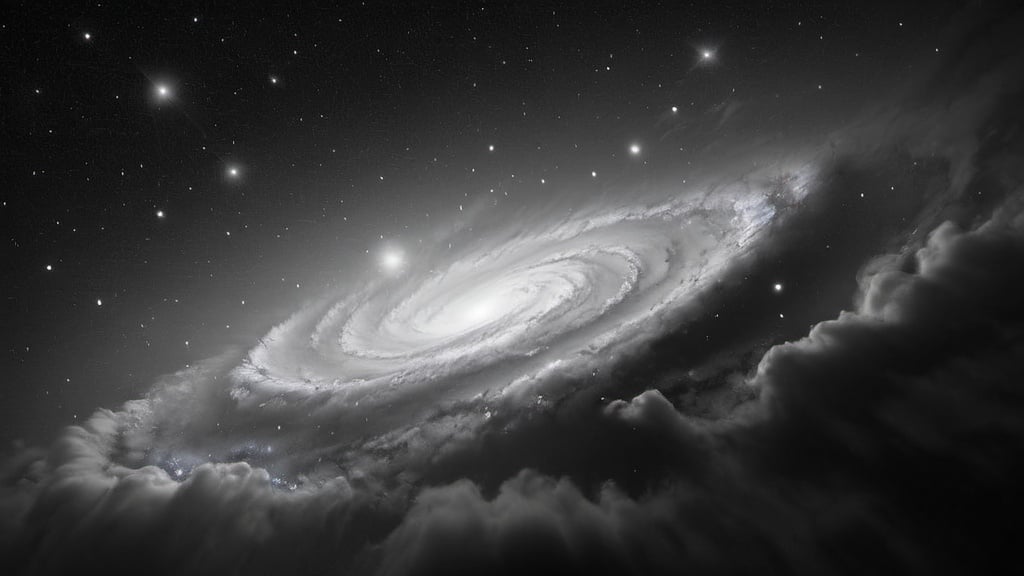 Prompt: cloudy galaxy in space, realistic, flat, high resolution, space, cosmic, black and white, detailed stars, serene atmosphere, professional, realistic lighting