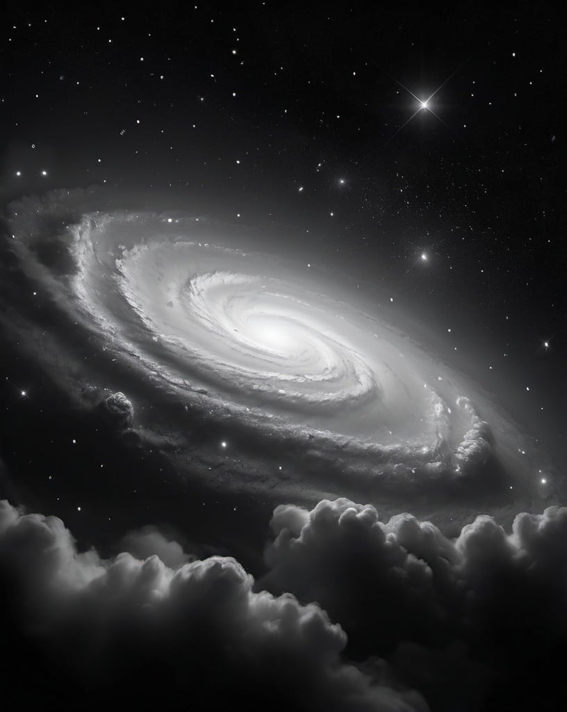 Prompt: cloudy galaxy in space, realistic, flat, high resolution, space, cosmic, black and white, detailed stars, serene atmosphere, professional, realistic lighting