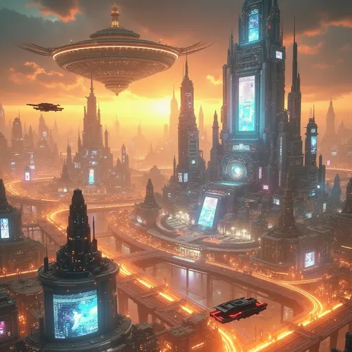 Prompt: A sprawling cyberpunk city at night, glowing neon lights in blues, purples, and reds, advanced flying cars weaving through the skyscrapers, digital billboards flashing AI-generated advertisements, a massive central AI core floating above the city, ultra-detailed sci-fi lighting, cinematic perspective, 4K ultra-HD, futuristic sci-fi concept art.