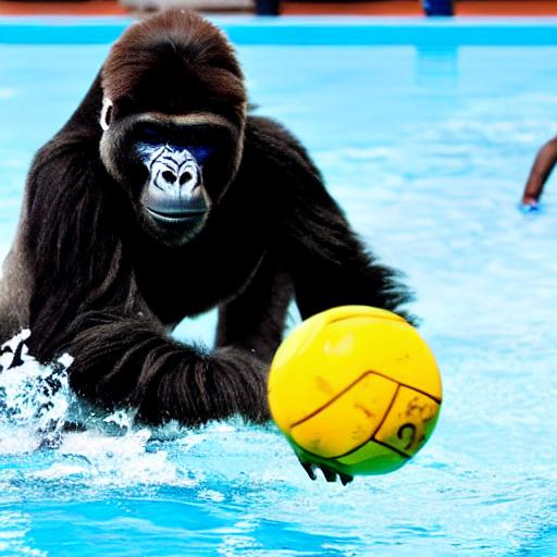 Prompt: back side photograph of a silverback gorilla throwing a ball to a water polo goalkeeper