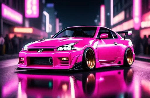 Prompt: Drifting nissan jdm
, VERY SPARKLING pink finish, automotive color scheme, dramatic shadows, sleek design, high-speed motion,, urban backdrop at night, neon city lights reflecting, ultra-detailed, 4K, cinematic atmosphere, adrenaline-pumping vibe, bold composition, eye-catching and stylish wallpaper. make it look like diamonds

