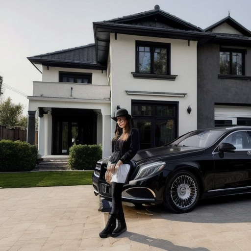 Prompt: an engineer girl with hat that advertising rehabilitation of a house in a street with a luxury home at background. air is fresh and ground is wet. girl is at the left near home. on the her cloth the name "Luxtasisat". she has iPhone 15 promax black in his left hand and the house has halogen and all lights are on.
there is a Maybach Mercedes benz black car around.