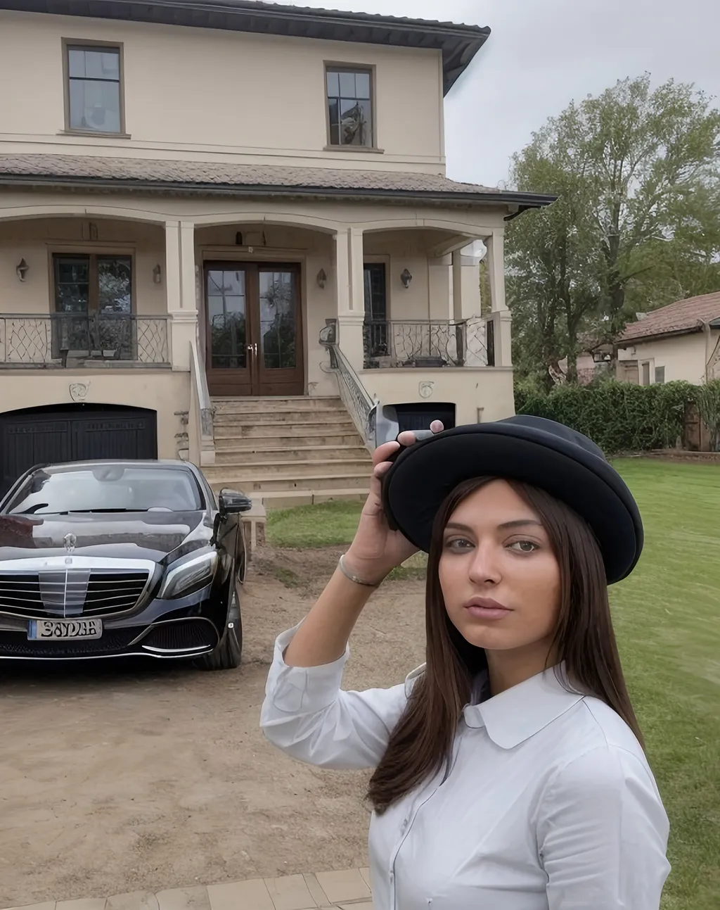 Prompt: an engineer girl with hat and she is advertising rehabilitation of a house in a street with a luxury home at background. air is fresh and ground is wet. girl is at the left near home. on the hat is the name "Luxtasisat" and he has iPhone 16 promax  black in his left hand and the house has halogen and all its light is on.
there is a Maybach Mercedes benz around.