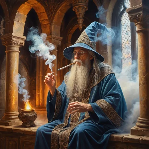 Prompt: Wizard smoking weed inside a mystical castle, oil painting, swirling smoke, intricate tapestries, high quality, fantasy, warm tones, magical lighting, detailed robes, ancient architecture, mystical, professional, atmospheric lighting