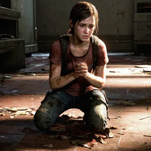 Prompt: Ellie from the last of us video game  on her  knees 