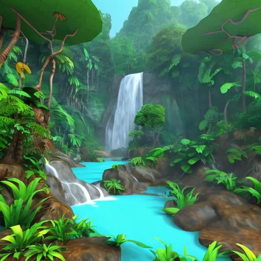Prompt: my 3d model of cartoon in jungle near to water fall from greenery mountain 