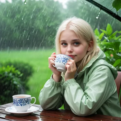 Prompt: white chubbe girl takking tea 
in grren aire in raining
