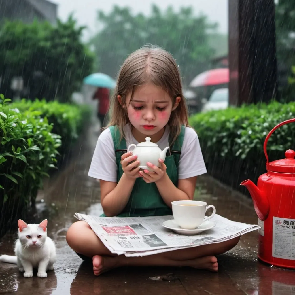 Prompt: white chubbe sad crying girl takking tea 
in grren aire aslo red news paper in raining beside and small cute cat sit to shee

