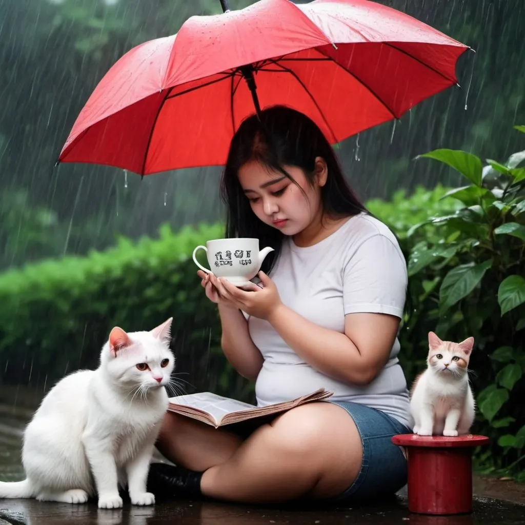 Prompt: white angle
 chubby hot sad girl taking with boy friend and 
takking tea 
in grren aire aslo red news paper in raining beside and small cute cat sit to she love more


