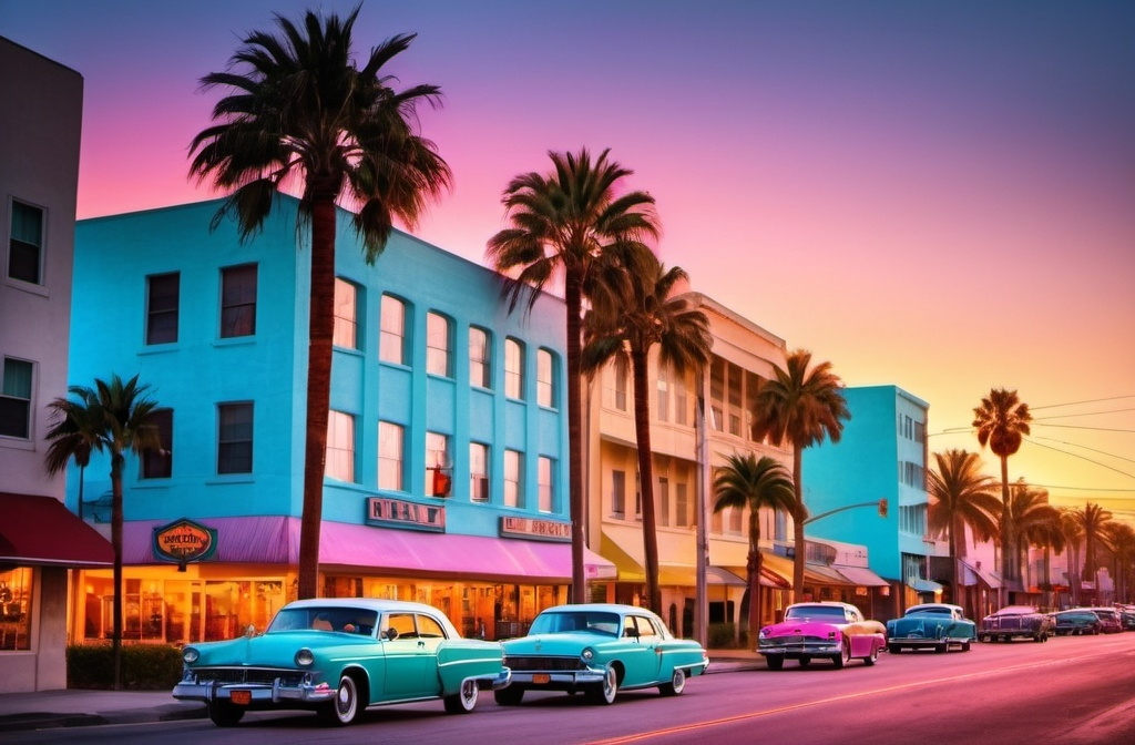 Prompt: a city street with a ferris wheel and palm trees at sunset in the background, with cars parked on the street, Dennis Ashbaugh, art deco, saturated colors, a colorized photo