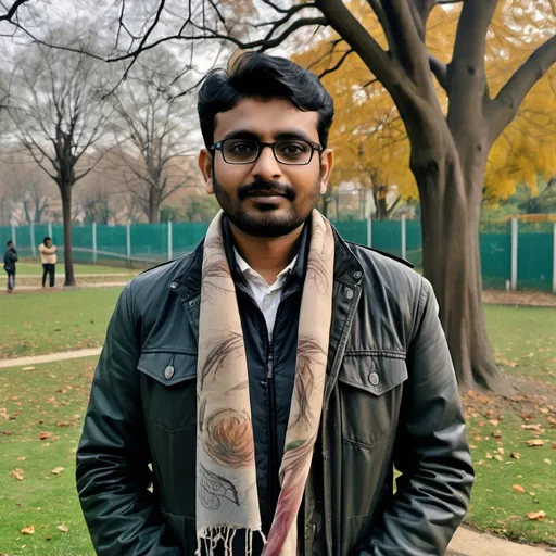 Prompt: a man wearing a scarf and jacket standing next to a tree in a park with a fence in the background, Bikash Bhattacharjee, samikshavad, jayison devadas, a picture