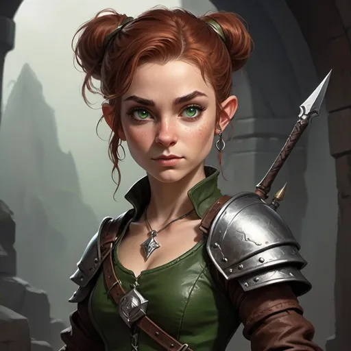 Prompt: Dungeons and Dungeons character. Halfling rogue. Neutral good. Female. Young adult. Standing three feet tall, lithe, athletic build. Rounded ears. Leather armor and thin clothes. Weapon is a dagger and a crossbow.  Her auburn hair is tied back in a messy bun and her green eyes sparkle with mischief. She wears practical, dark-colored clothes that allow her to move easily and blend into the shadows. she is wearing a Small, silver jester's hat pendant on a necklace.