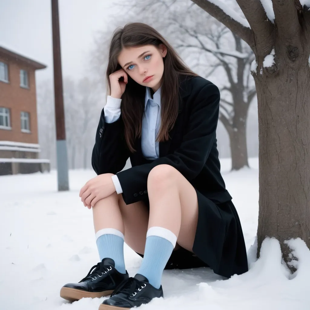 A very Tall Brunette Girl with light blue eyes sitti... | OpenArt