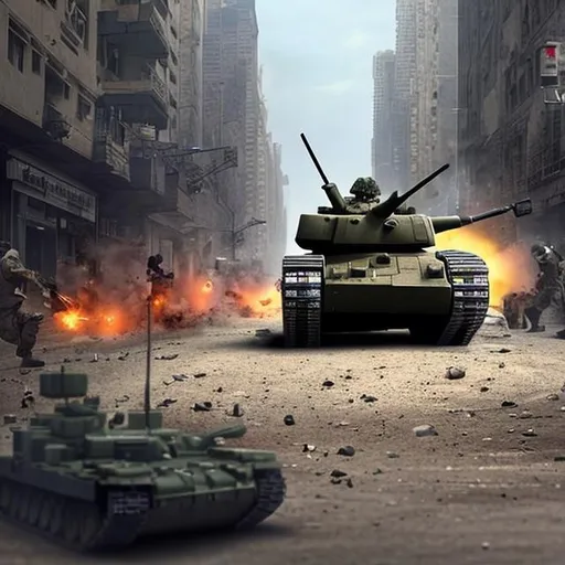 Prompt: A military tank  in a city shooting at the ground 
