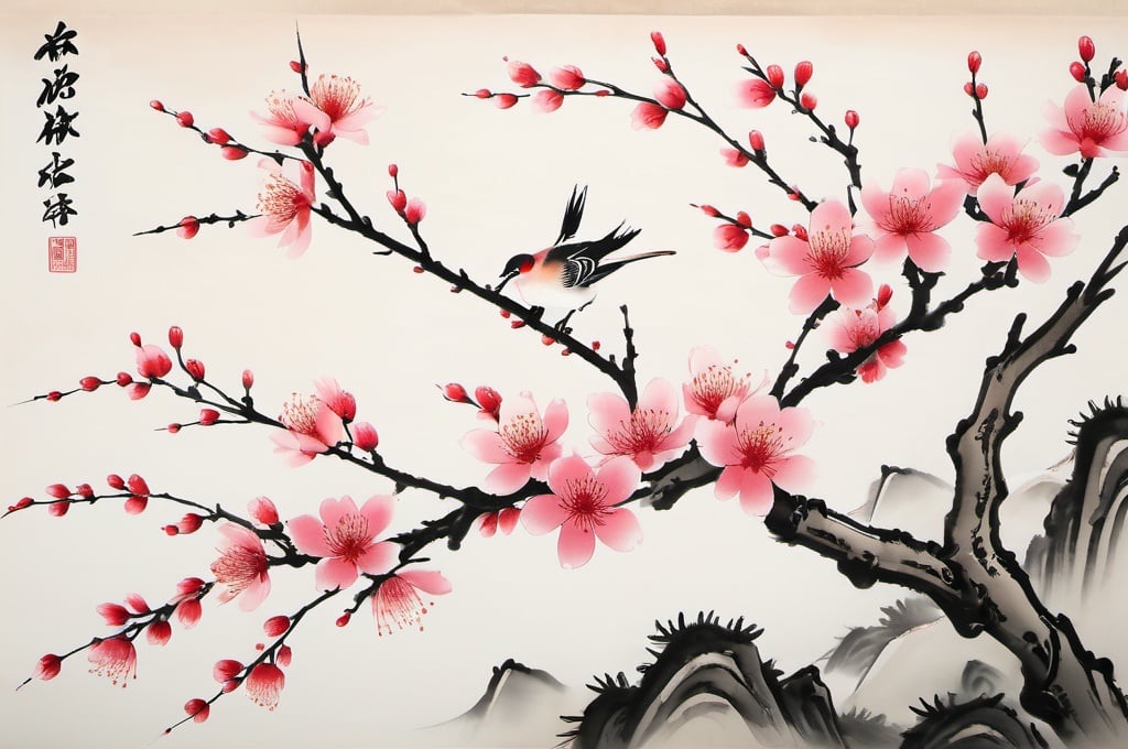 Prompt: Traditional Chinese painting with cherry blossom 