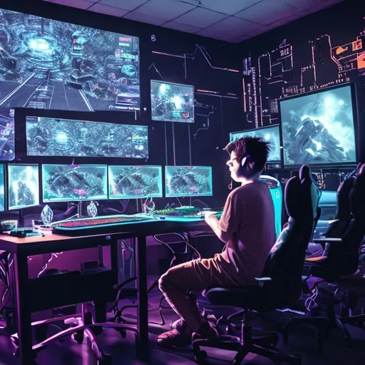 Prompt: A person playing game in a room with ten computers 