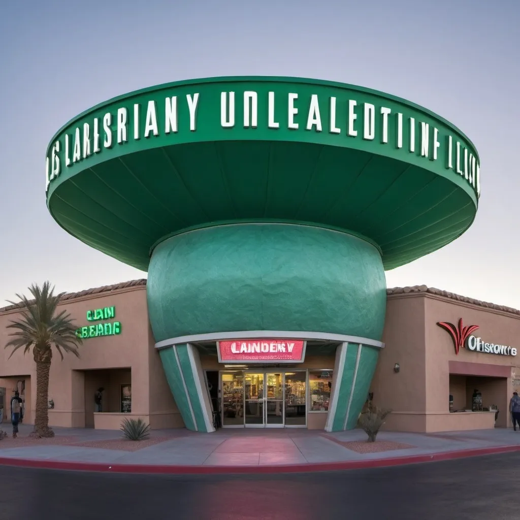 Prompt: A shop located within a busy Las Vegas shopping center. One shop is secretly an alien being that escaped from Area 51 and has disguised itself as an entire building. It clandestinely abducts visitors without a trace.