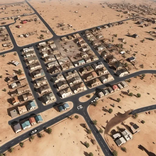 Prompt: Satellite view of a small town in the middle of the desert. The town is full of zombies and other scary creatures which should be visible to the satellite. Small pockets of survivors should also be visible on rooftops and other highground locations. Burning cars and other chaos should be visible in the streets. A nadir view is preferred.