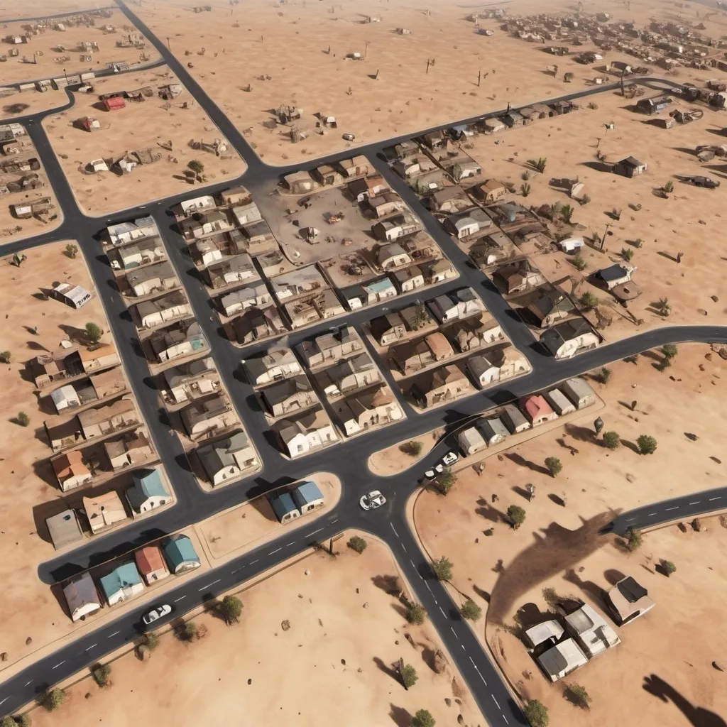 Prompt: Satellite view of a small town in the middle of the desert. The town is full of zombies and other scary creatures which should be visible to the satellite. Small pockets of survivors should also be visible on rooftops and other highground locations. Burning cars and other chaos should be visible in the streets. A nadir view is preferred.