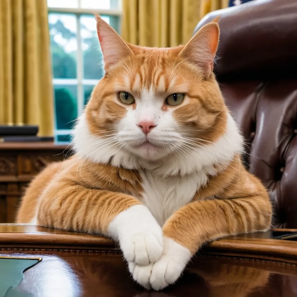 Prompt: An orange/white tabby cat that recently cheated his way to oval office sits behind the resolute desk enjoying his success.