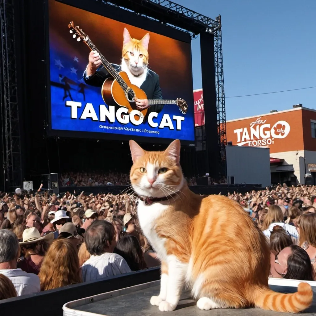 Prompt: An orange/white tabby cat named Tango is a country music star performing for a crowd at a big concert. There is a billboard that reads "Tango cat"