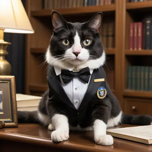 Prompt: A tuxedo cat who is also an intelligence officer by night