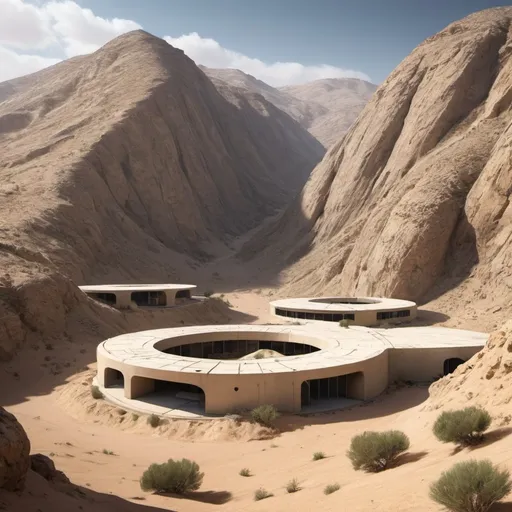 Prompt: A secret faciliy built into the mountain, with hangars disguised as desert hills.