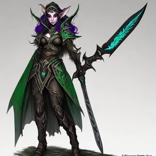 Prompt: Female Shadar-kai elf, Glaive Hexblade, Warlock, high dark fantasy, green shadows 
